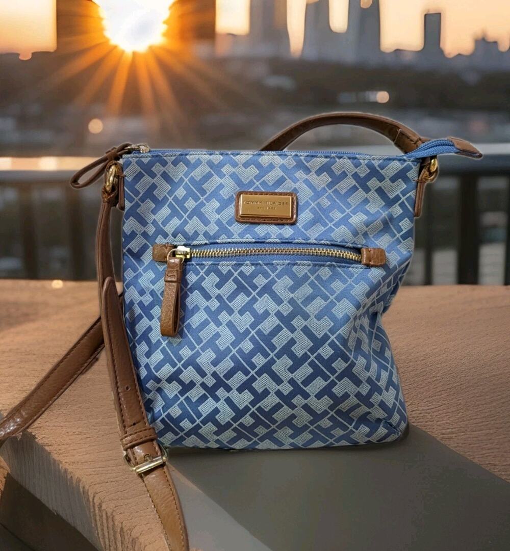 Tommy Hilfiger Crossbody Bag Blue Monogram Geometric Logo Purse Brown Strap